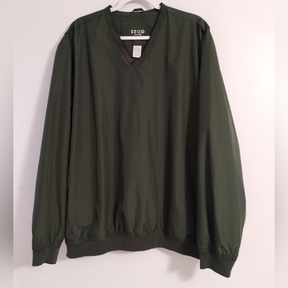IZOD Men's Nylon Pullover Windbreaker V-neck Zip Pockets Size XL/TG Green Jacket